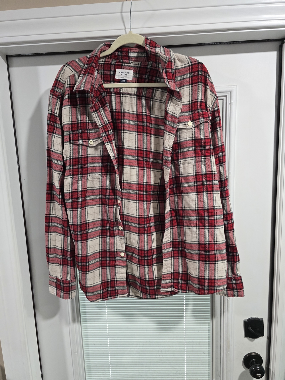 American Eagle Outfitters Red and Cream Plaid Flannel Button-Down